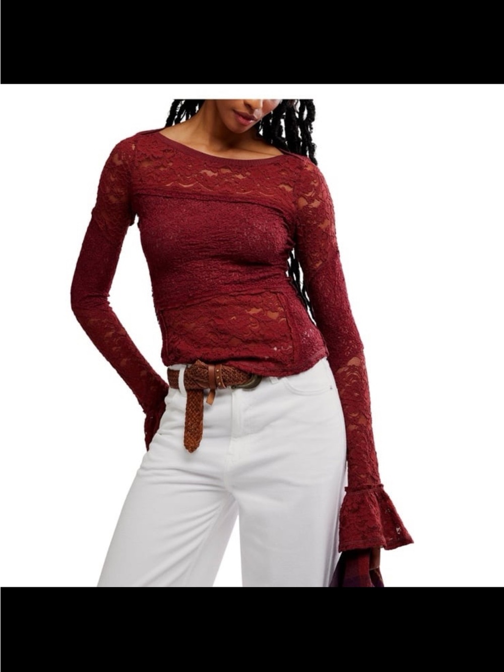 NWT free people women’s flared sleeve sheer lace top color Cabernet size small
